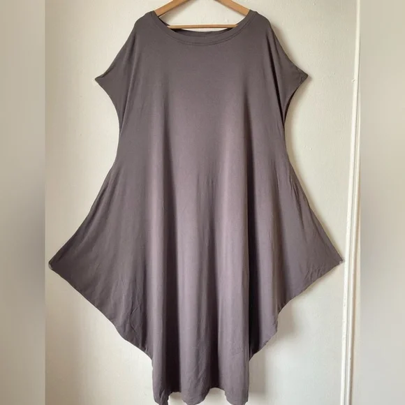 Kedem Sasson Taupe Grey Long Maxi Dress Stretch Jersey Short Sleeve One Size - Picture 2 of 16